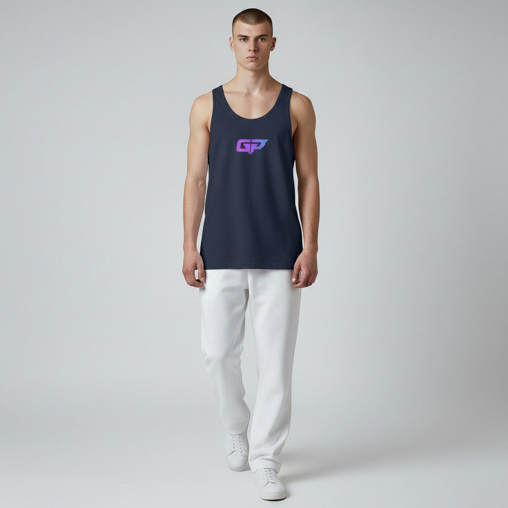 GYM PANTHERS men's navy blue 100% cotton classic tank top with a purple and blue gradient GP logo on the chest.