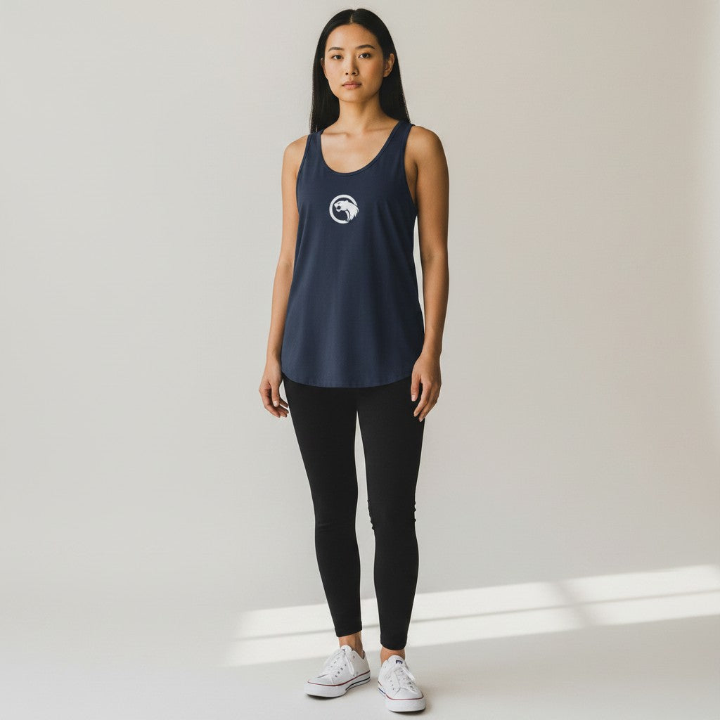 GYM PANTHERS navy blue 100% cotton women's tank top with white panther logo on chest. Sleeveless, crew neck, ideal for workouts or casual wear.