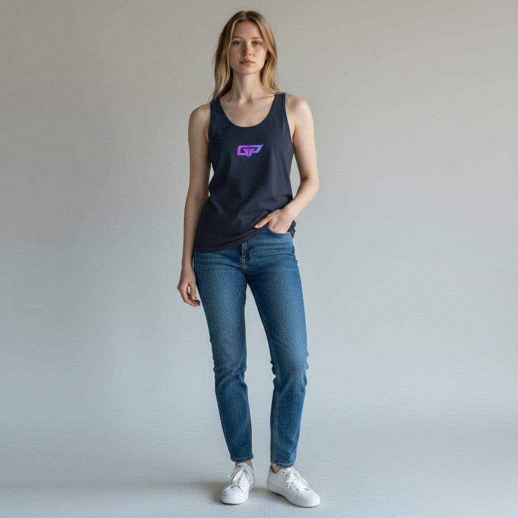 GYM PANTHERS Women's navy blue 100% cotton tank top with gradient GP logo on chest. Ideal for workouts or casual wear.
