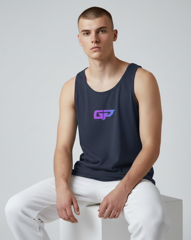 Gym Panthers men's navy blue 100% cotton classic tank top with purple and blue GP logo on chest.