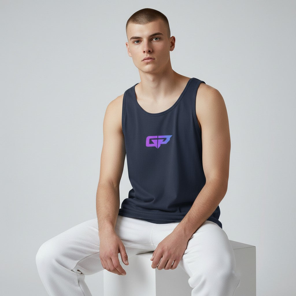 Gym Panthers men's navy blue 100% cotton classic tank top with purple and blue GP logo on chest.
