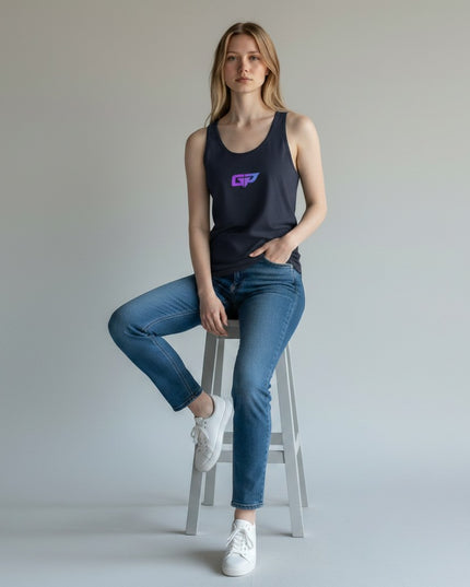 GYM PANTHERS women's dark navy 100% cotton tank top with gradient GP logo on chest, worn with jeans.
