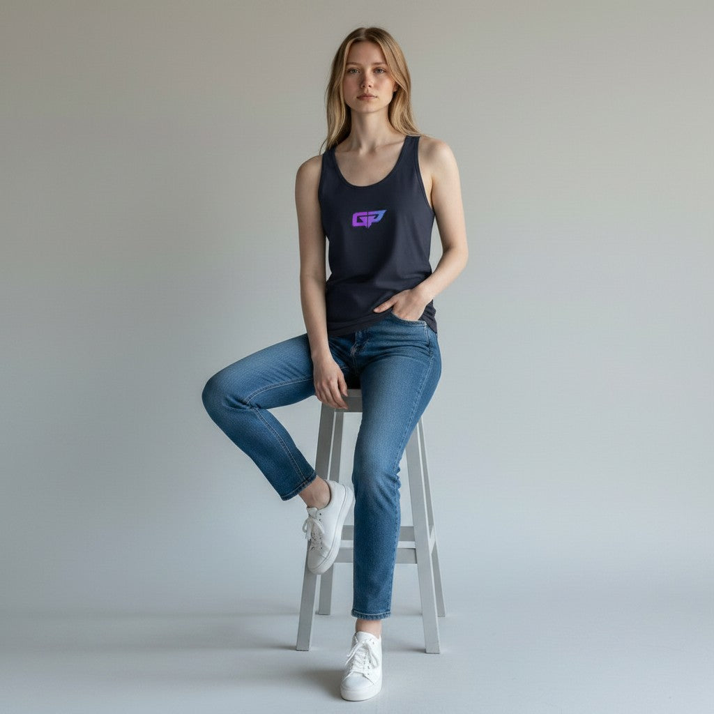 GYM PANTHERS women's dark navy 100% cotton tank top with gradient GP logo on chest, worn with jeans.