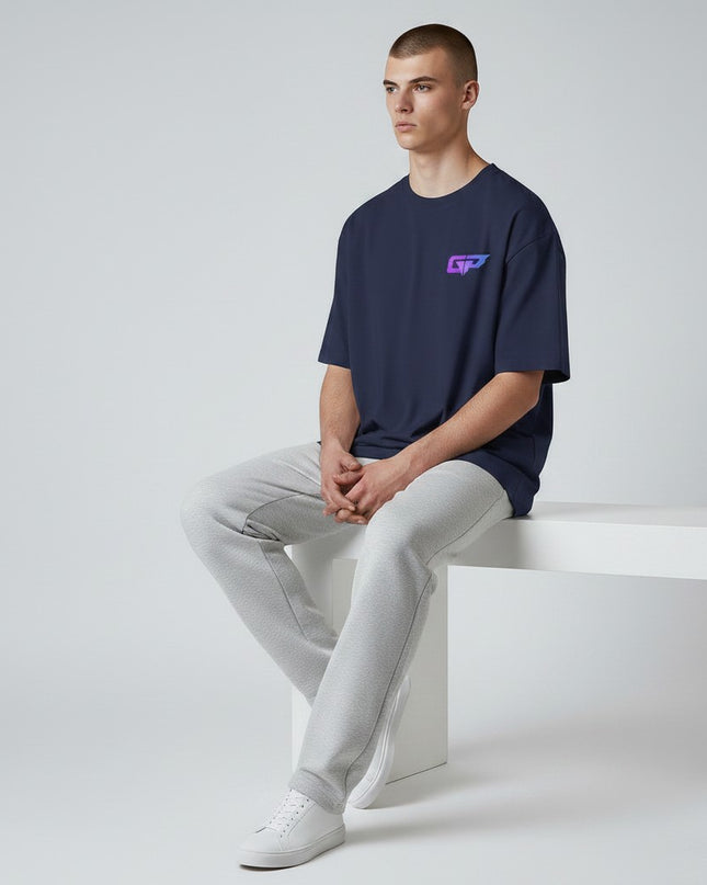 GYM PANTHERS navy blue 100% cotton t-shirt with a small purple and pink GP logo on the left chest.