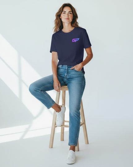 GYM PANTHERS navy blue 100% cotton t-shirt with a small gradient GP logo on the chest, worn by a woman with jeans.