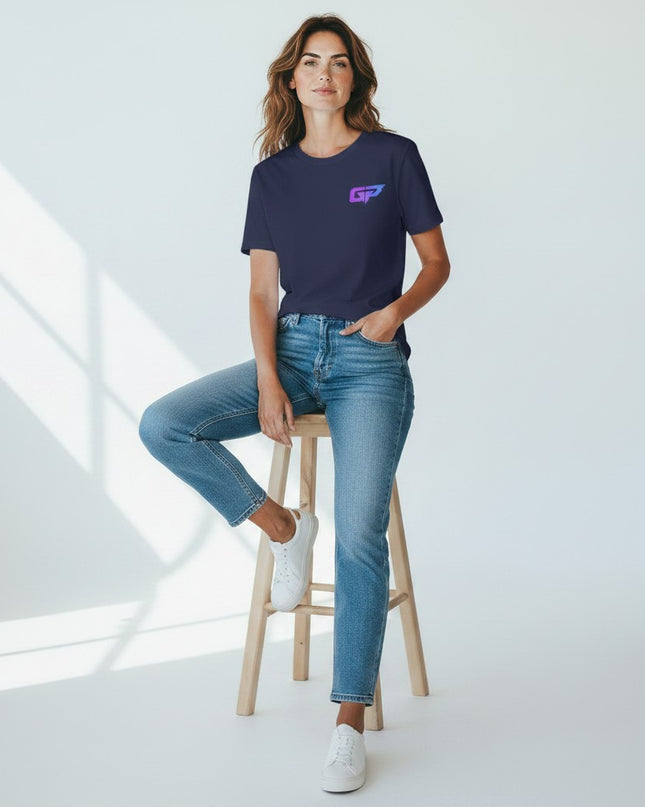 GYM PANTHERS navy blue 100% cotton t-shirt with a small gradient GP logo on the chest, worn by a woman with jeans.