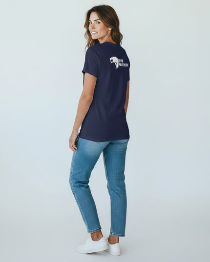Gym Panthers navy blue 100% cotton t-shirt with white panther logo on back. Short sleeves, crew neck.