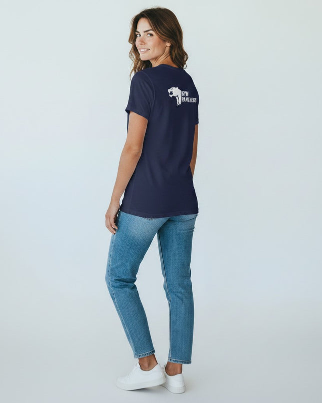 Gym Panthers navy blue 100% cotton t-shirt with white panther logo on back. Short sleeves, crew neck.