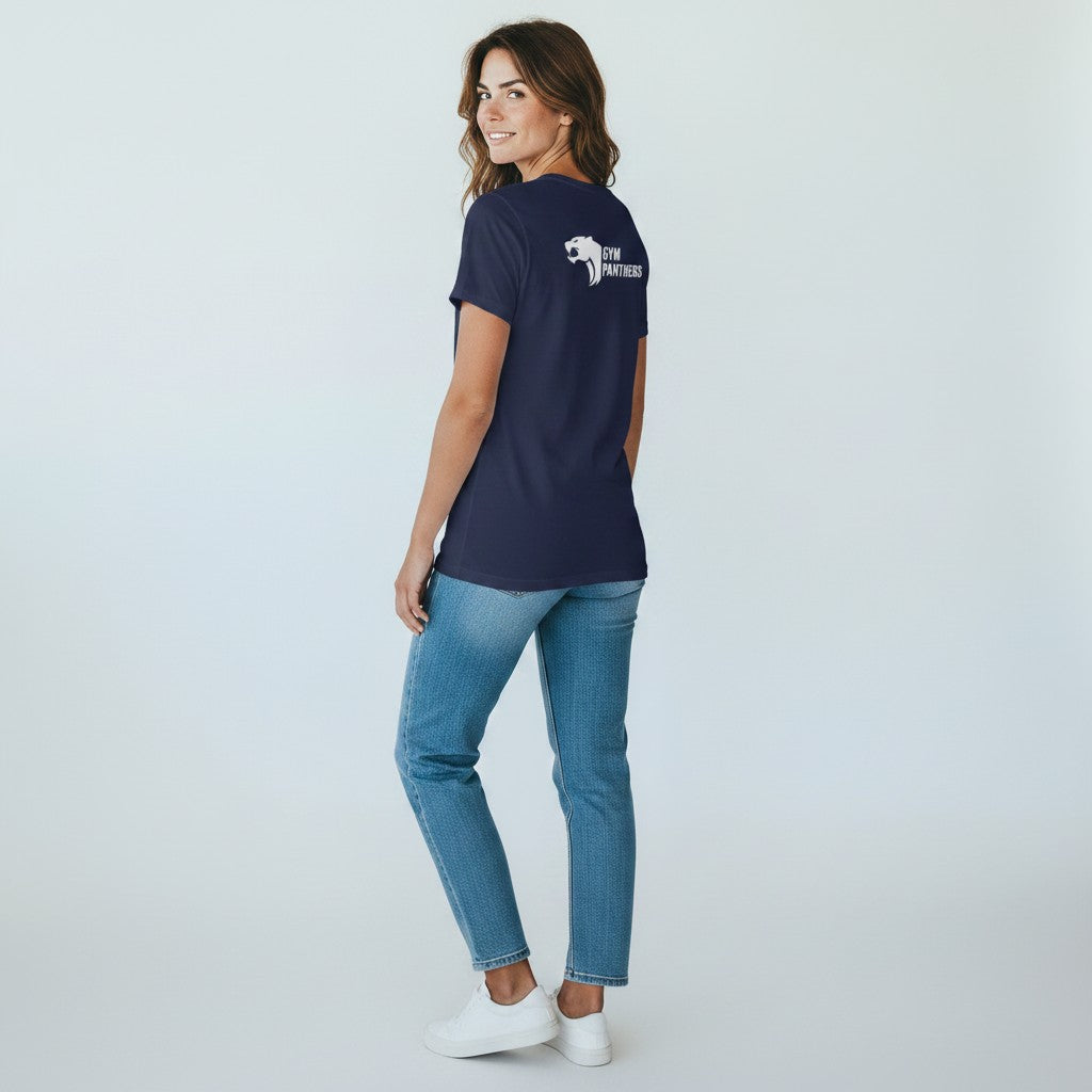 Gym Panthers navy blue 100% cotton t-shirt with white panther logo on back. Short sleeves, crew neck.