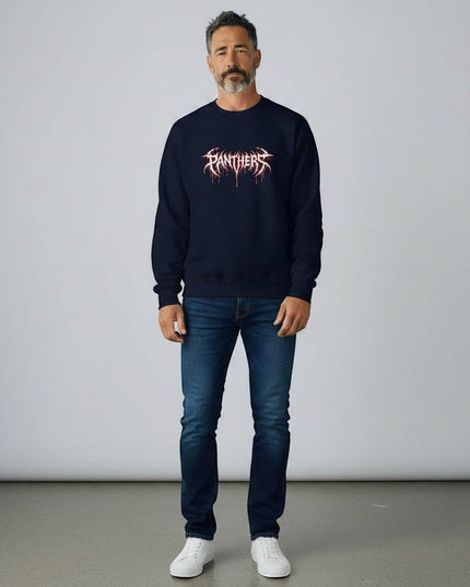 GYM PANTHERS navy blue crewneck sweatshirt with white and red graphic logo on the chest.