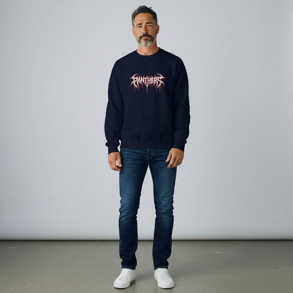 GYM PANTHERS navy blue crewneck sweatshirt with white and red graphic logo on the chest.