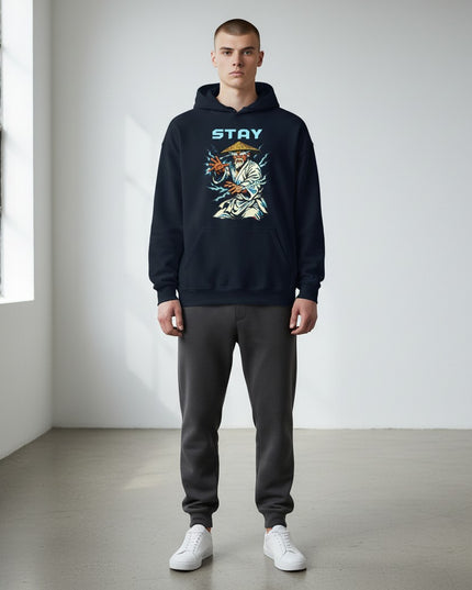 GYM PANTHERS navy blue cotton-blend hoodie with a graphic print of a man in a straw hat surrounded by lightning and the word STAY.