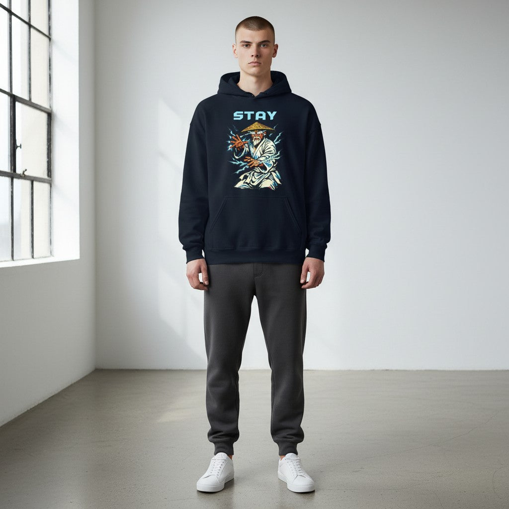 GYM PANTHERS navy blue cotton-blend hoodie with a graphic print of a man in a straw hat surrounded by lightning and the word STAY.