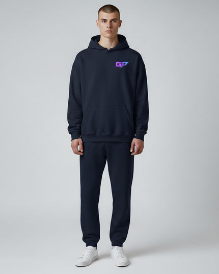 Gym Panthers navy blue hooded sweatshirt with a purple and blue GP logo on the chest. Features a front pouch pocket and ribbed cuffs.
