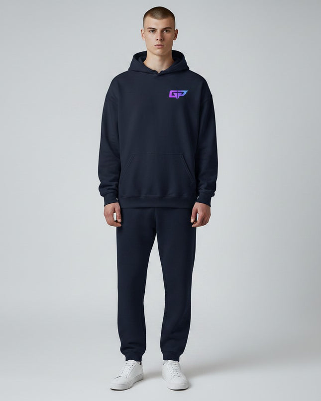Gym Panthers navy blue hooded sweatshirt with a purple and blue GP logo on the chest. Features a front pouch pocket and ribbed cuffs.