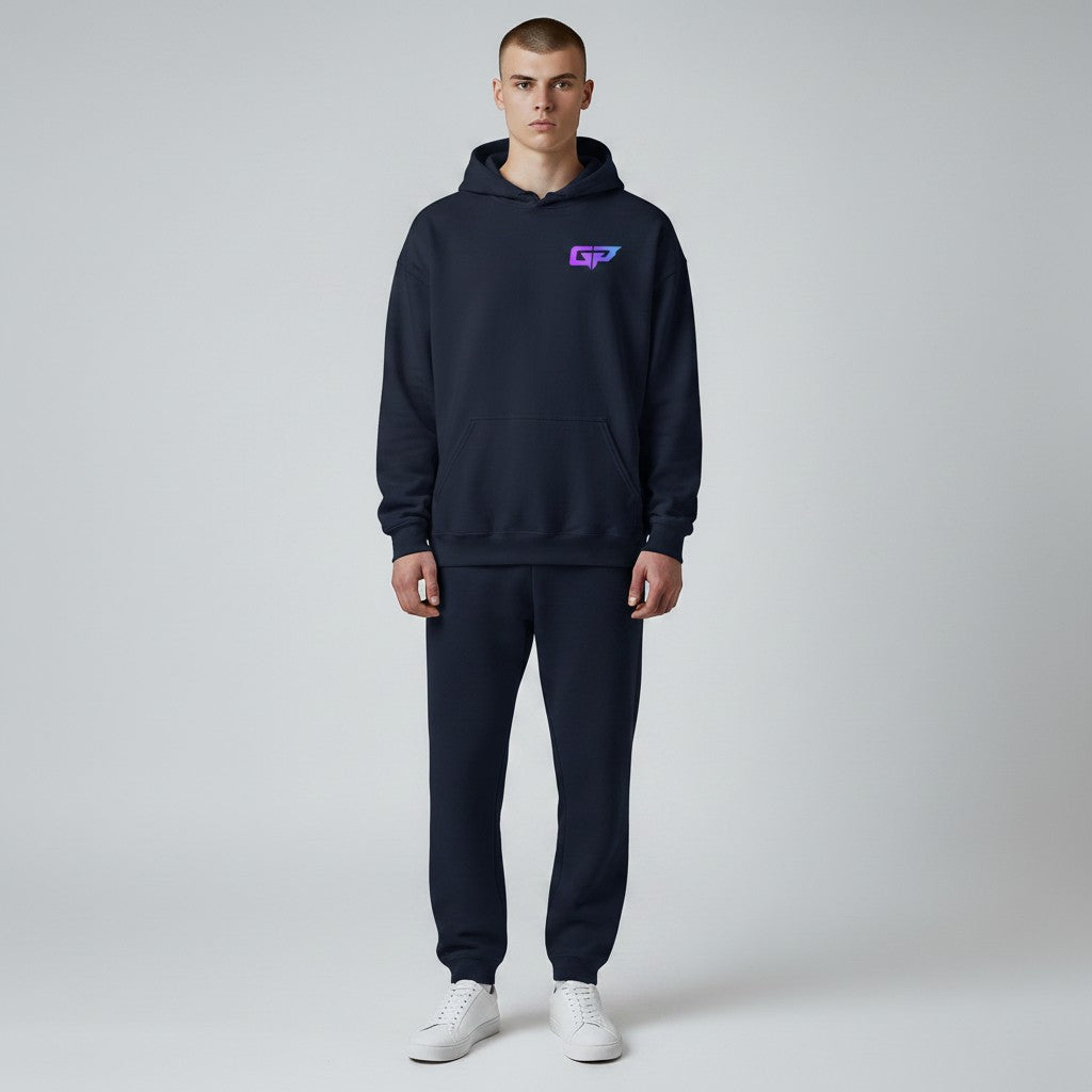 Gym Panthers navy blue hooded sweatshirt with a purple and blue GP logo on the chest. Features a front pouch pocket and ribbed cuffs.