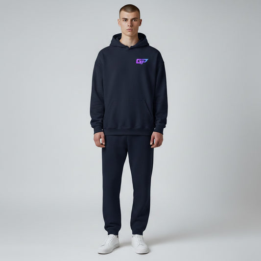 Gym Panthers navy blue hooded sweatshirt with a purple and blue GP logo on the chest. Features a front pouch pocket and ribbed cuffs.