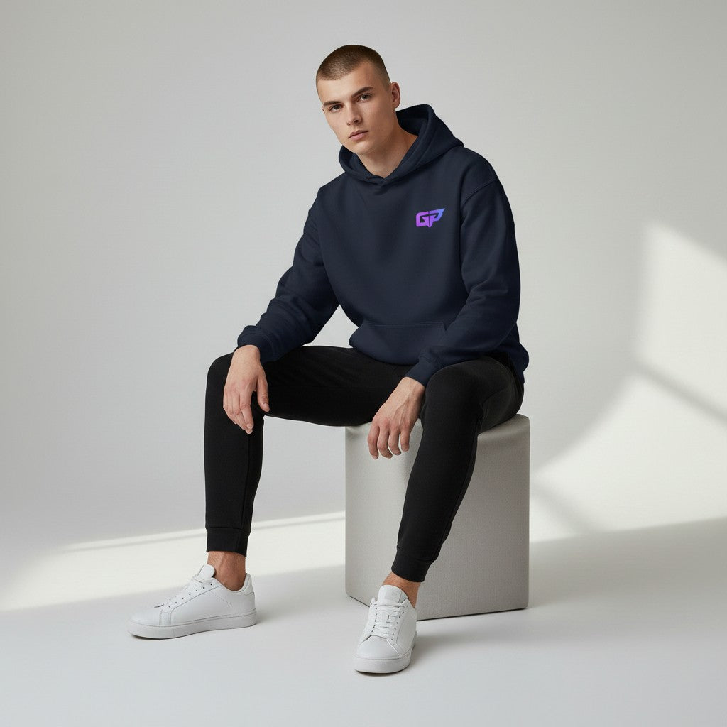 Gym Panthers navy blue hoodie with a purple and blue GP logo on the chest. Features a front pouch pocket and drawstring hood.