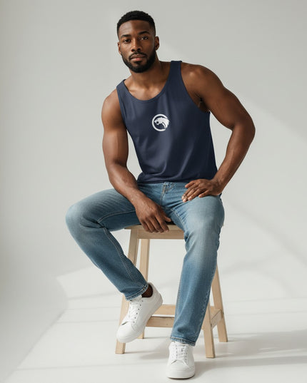 GYM PANTHERS navy blue men's performance tank top with white panther logo. Made from 100% combed ringspun cotton.