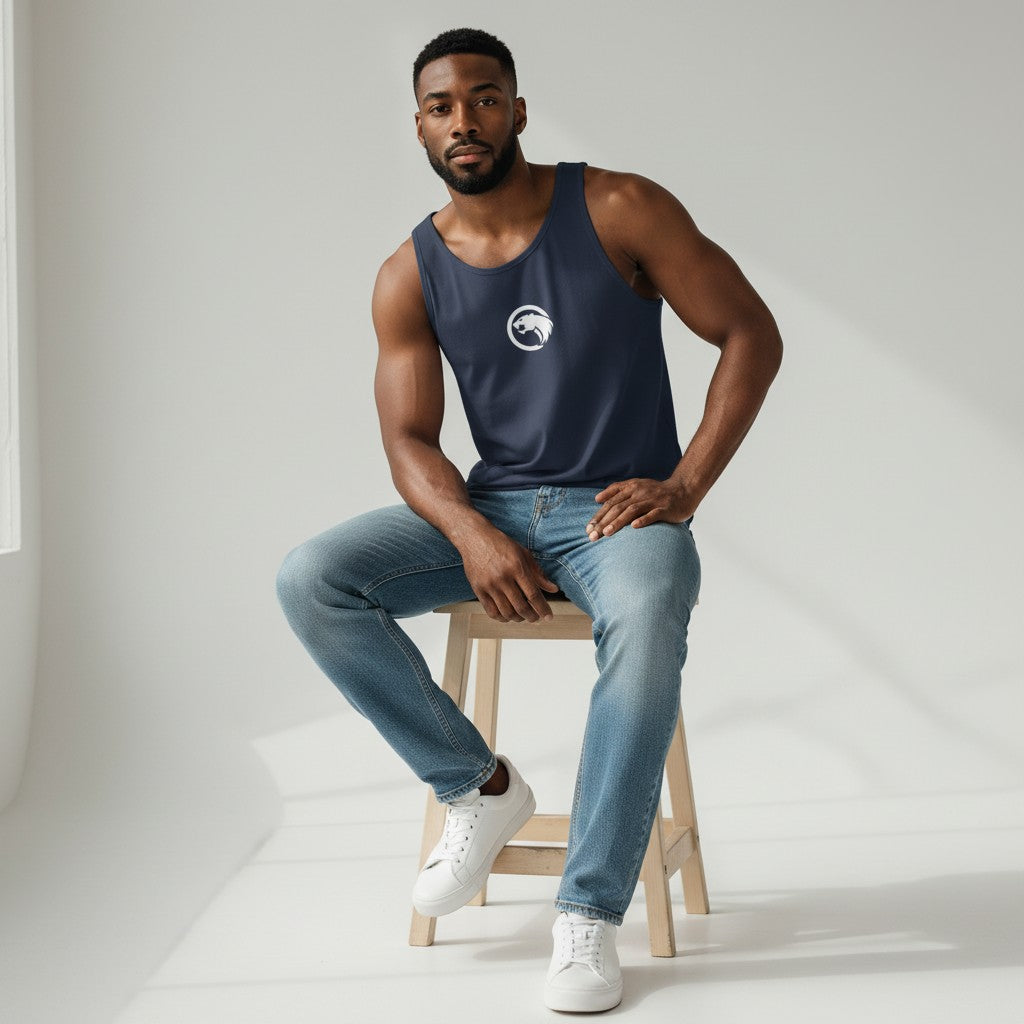 GYM PANTHERS navy blue men's performance tank top with white panther logo. Made from 100% combed ringspun cotton.