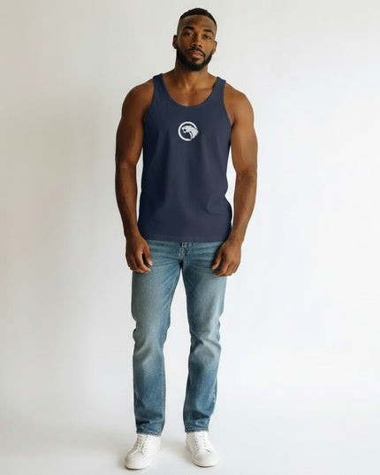 GYM PANTHERS navy blue men's performance tank top with white lion logo on chest, athletic cut, 100% combed ringspun cotton.