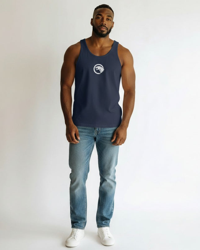GYM PANTHERS navy blue men's performance tank top with white lion logo on chest, athletic cut, 100% combed ringspun cotton.