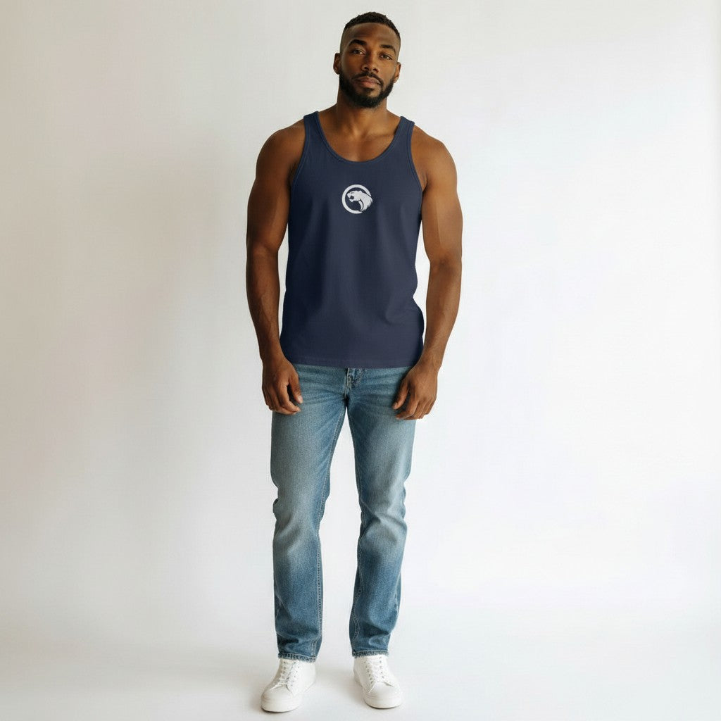 GYM PANTHERS navy blue men's performance tank top with white lion logo on chest, athletic cut, 100% combed ringspun cotton.