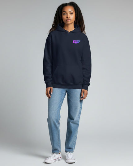 GYM PANTHERS navy blue premium hoodie with a gradient GP logo on the chest and a front pouch pocket.