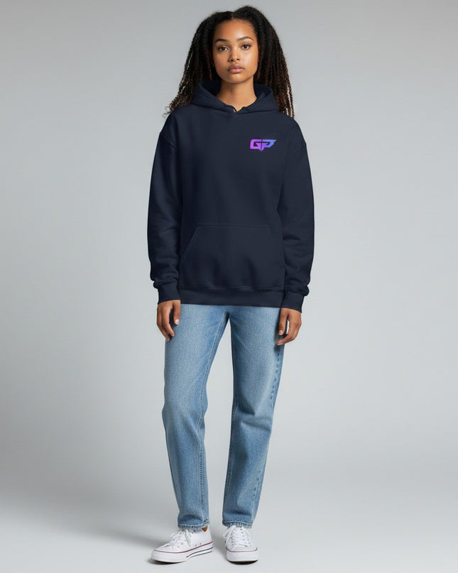 GYM PANTHERS navy blue premium hoodie with a gradient GP logo on the chest and a front pouch pocket.
