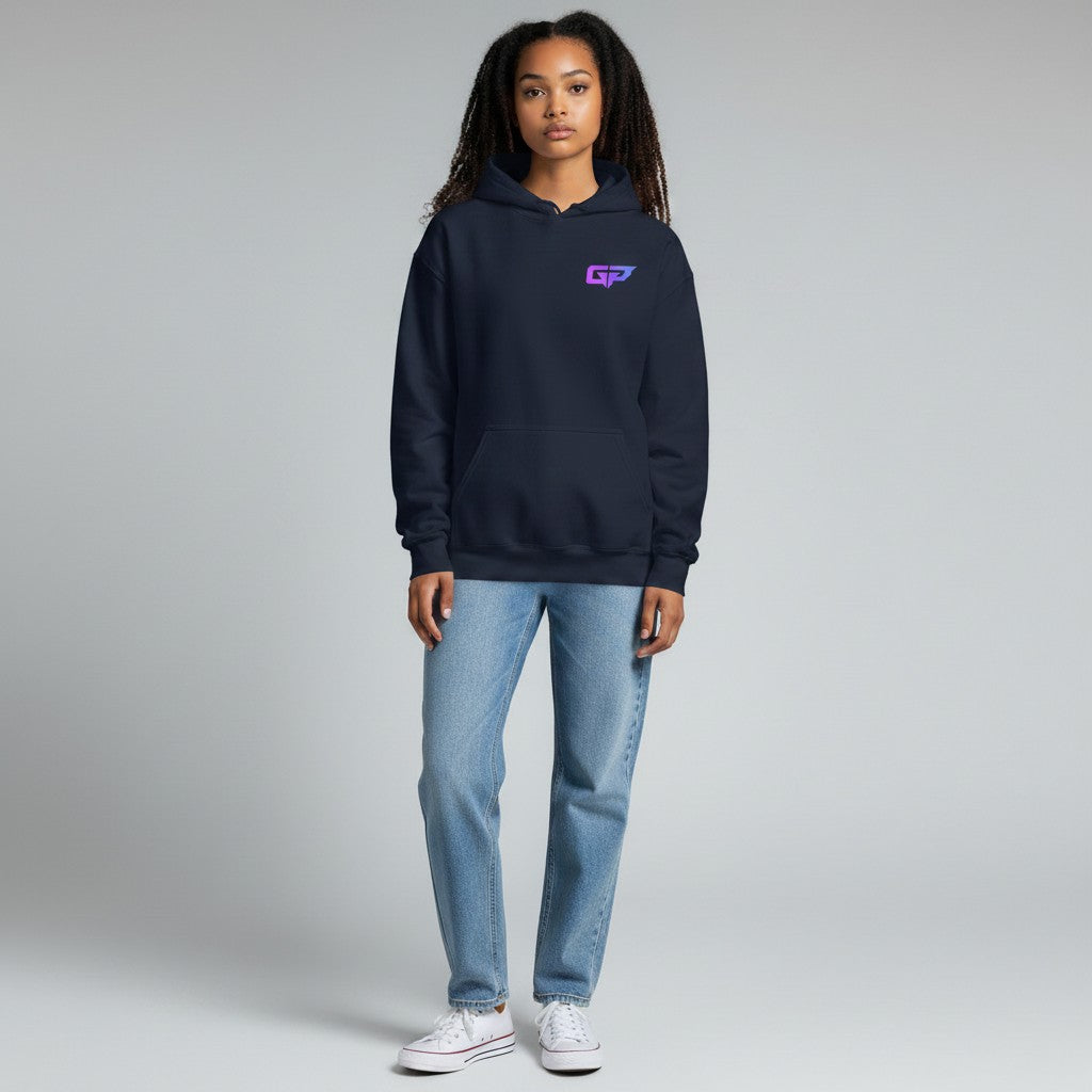 GYM PANTHERS navy blue premium hoodie with a gradient GP logo on the chest and a front pouch pocket.
