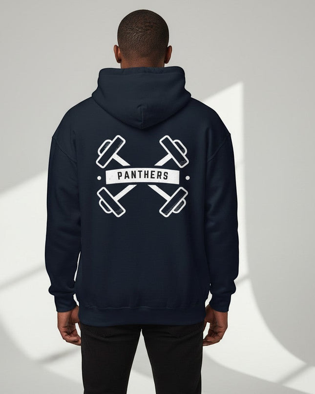 GYM PANTHERS navy blue pullover hoodie with crossed dumbbells and Panthers logo on back. Cotton-poly blend.