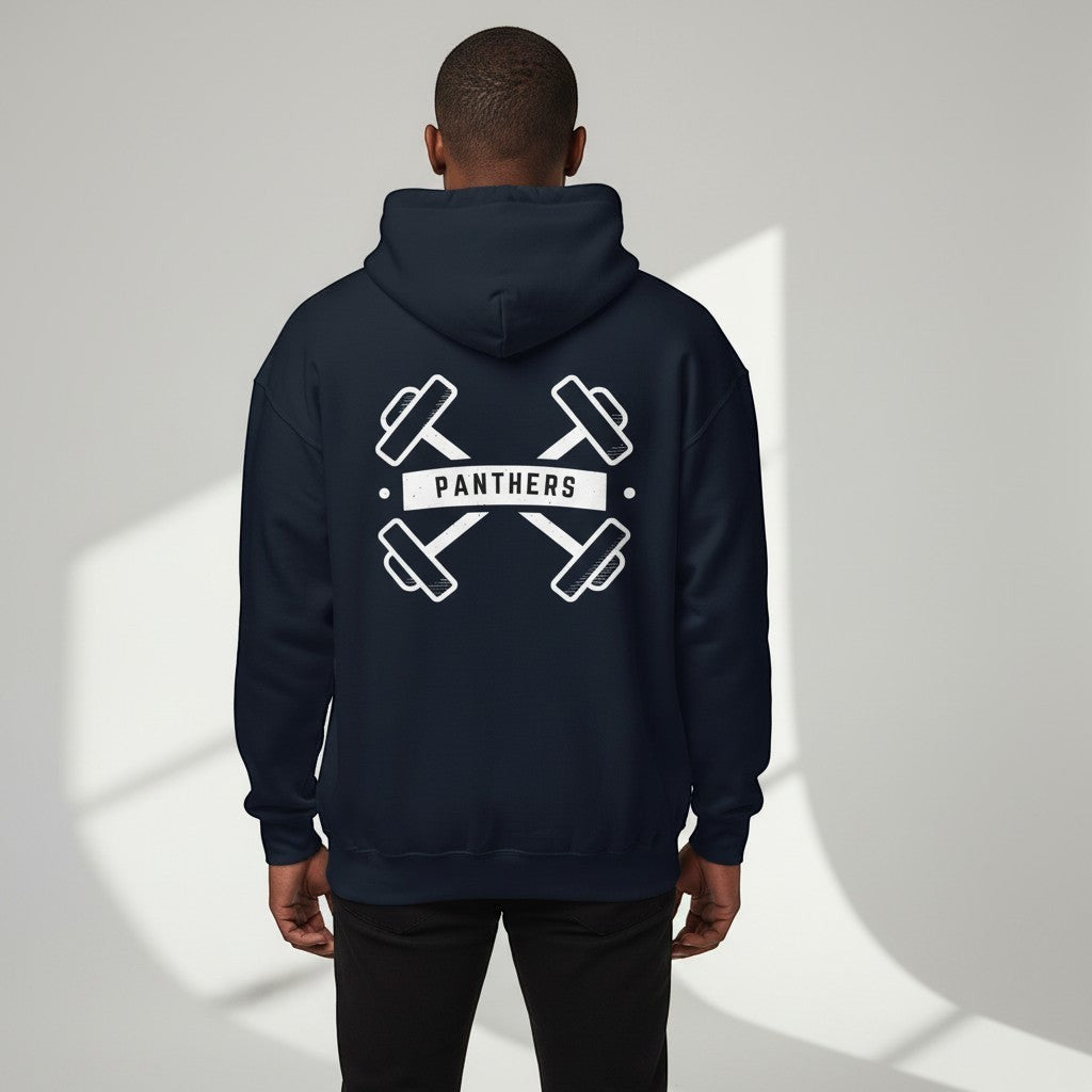 GYM PANTHERS navy blue pullover hoodie with crossed dumbbells and Panthers logo on back. Cotton-poly blend.
