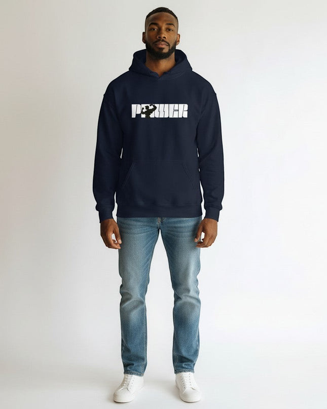 GYM PANTHERS navy blue pullover hoodie with white "POWER" graphic featuring a silhouette of a bodybuilder.