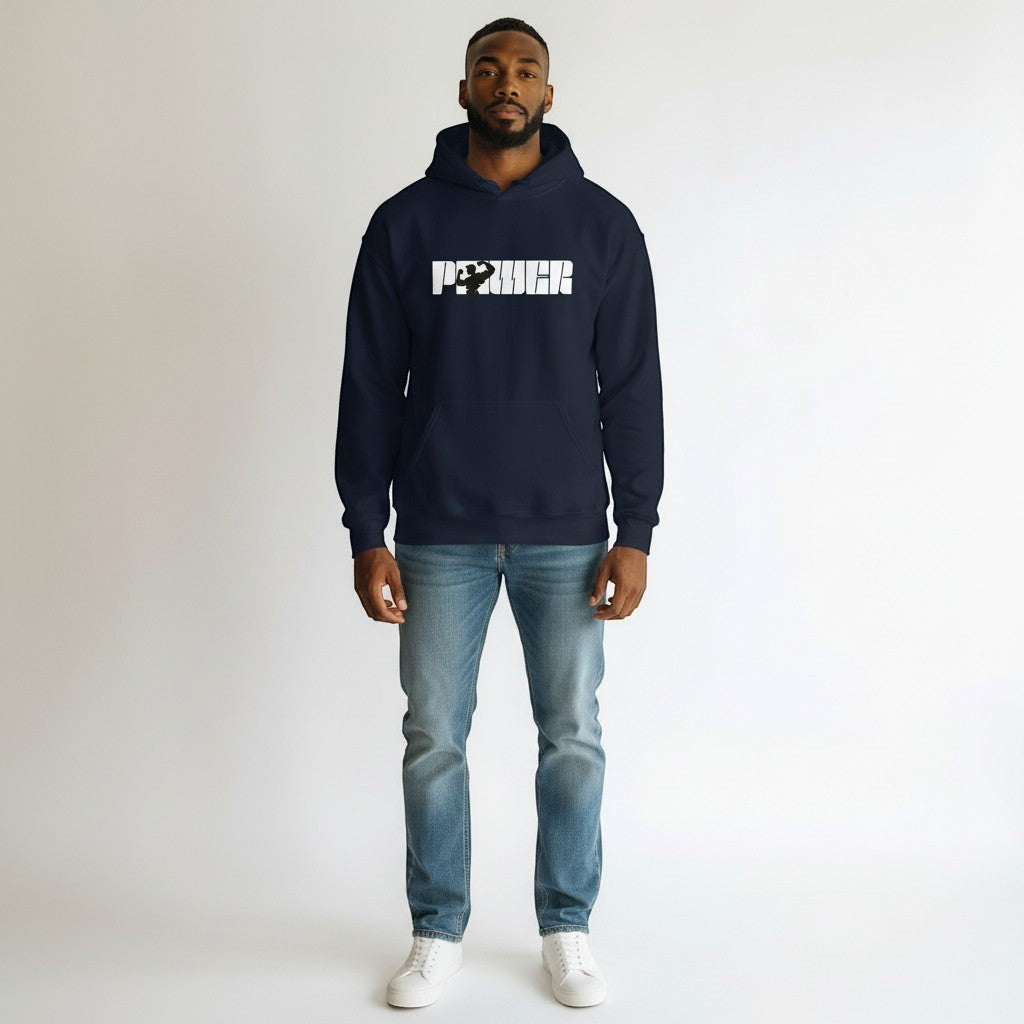 GYM PANTHERS navy blue pullover hoodie with white "POWER" graphic featuring a silhouette of a bodybuilder.