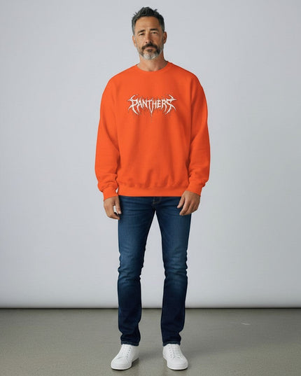 GYM PANTHERS orange crewneck sweatshirt with white graphic text that reads "PANTHERS" in a dripping, metallic font.