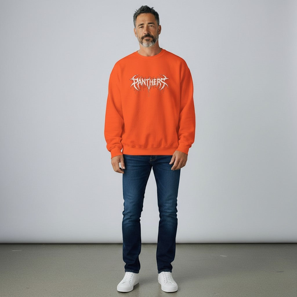 GYM PANTHERS orange crewneck sweatshirt with white graphic text that reads "PANTHERS" in a dripping, metallic font.
