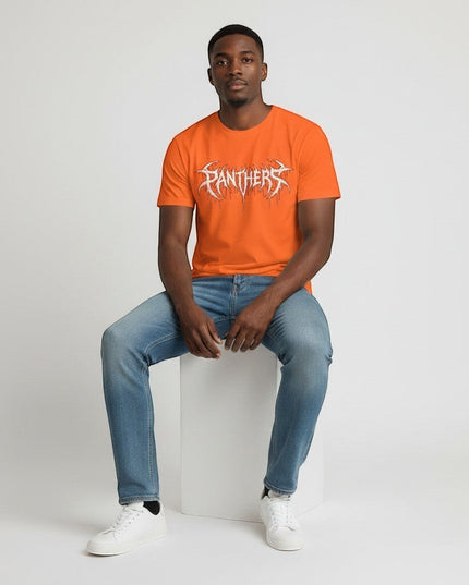 GYM PANTHERS orange 100% cotton t-shirt with white 'Panthers' graphic logo in a distressed, dripping font.
