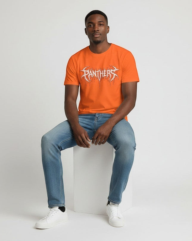 GYM PANTHERS orange 100% cotton t-shirt with white 'Panthers' graphic logo in a distressed, dripping font.