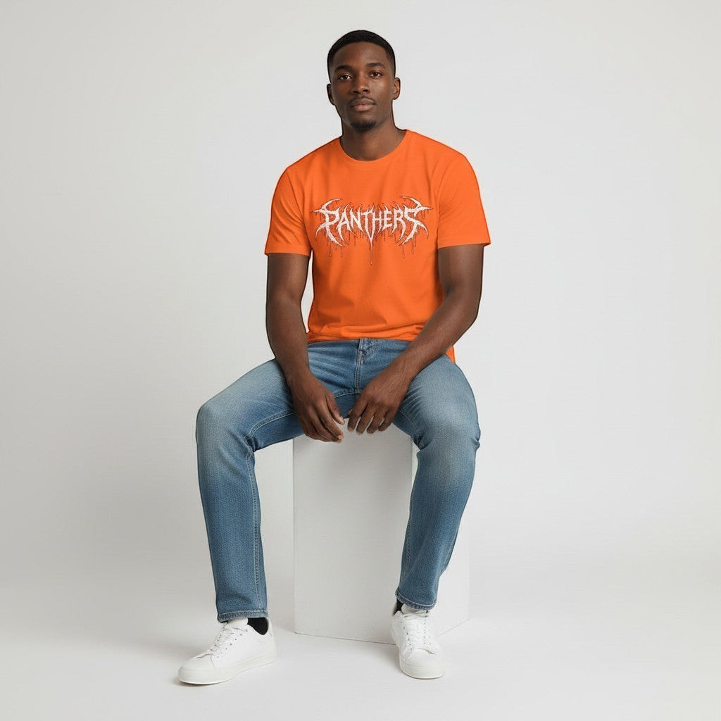 GYM PANTHERS orange 100% cotton t-shirt with white 'Panthers' graphic logo in a distressed, dripping font.