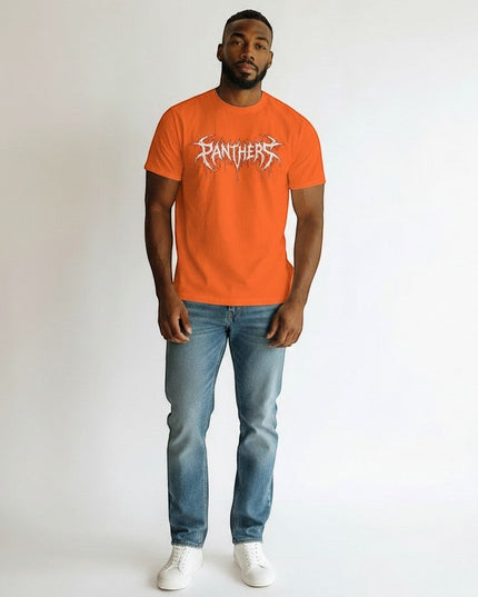 GYM PANTHERS orange 100% cotton t-shirt with white 'Panthers' graphic logo in a distressed, dripping font.