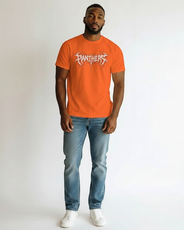 GYM PANTHERS orange 100% cotton t-shirt with white 'Panthers' graphic logo in a distressed, dripping font.