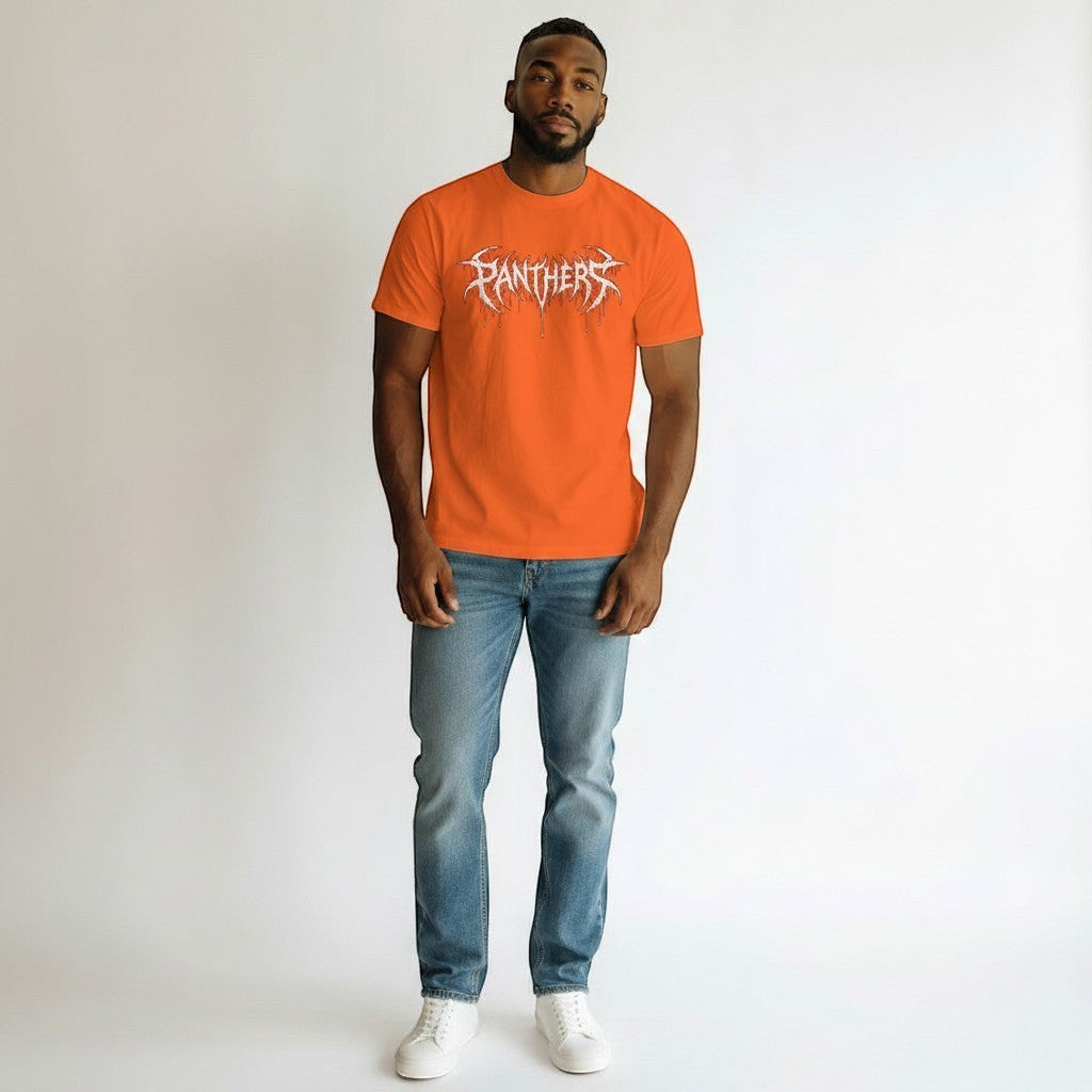 GYM PANTHERS orange 100% cotton t-shirt with white 'Panthers' graphic logo in a distressed, dripping font.