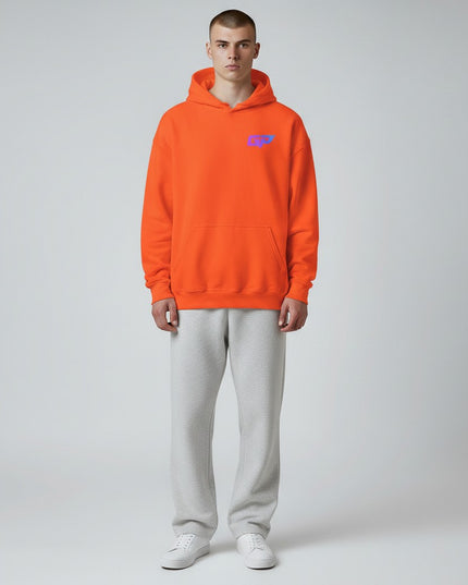 Gym Panthers orange premium hoodie with a purple and blue GP logo on the chest and a front pouch pocket.
