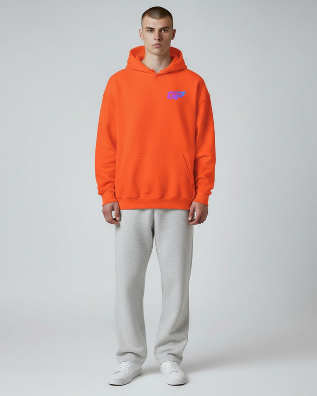 Gym Panthers orange premium hoodie with a purple and blue GP logo on the chest and a front pouch pocket.