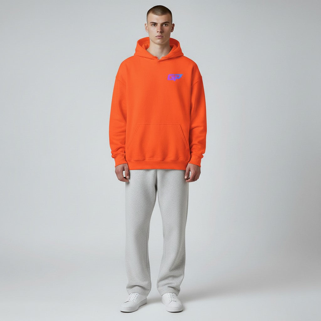 Gym Panthers orange premium hoodie with a purple and blue GP logo on the chest and a front pouch pocket.