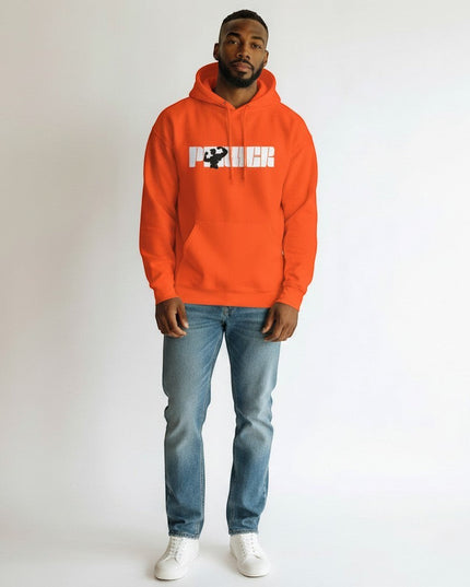 GYM PANTHERS orange cotton-poly blend pullover hoodie with "POWER" graphic and muscle silhouette.