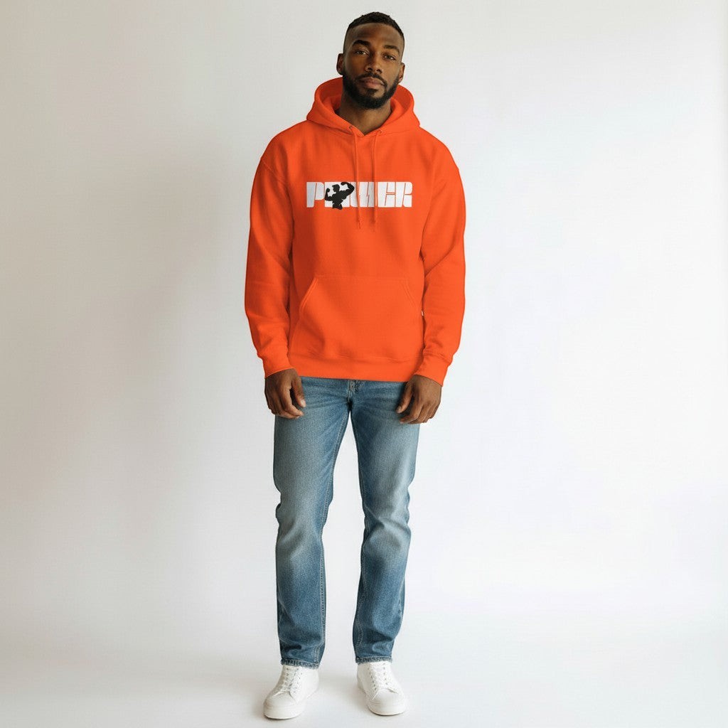 GYM PANTHERS orange cotton-poly blend pullover hoodie with "POWER" graphic and muscle silhouette.