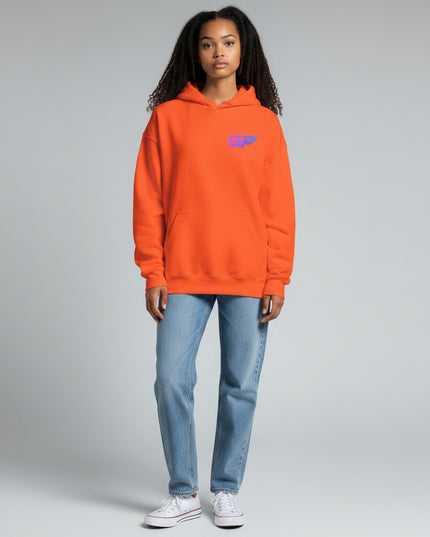 GYM PANTHERS orange premium cotton hoodie with a purple and blue GP logo on the chest and a front pouch pocket.