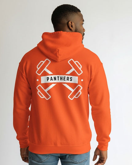 GYM PANTHERS orange cotton-poly blend pullover hoodie with crossed dumbbells and Panthers logo on back.