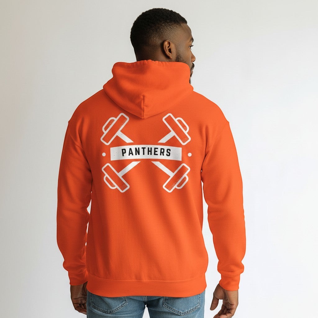 GYM PANTHERS orange cotton-poly blend pullover hoodie with crossed dumbbells and Panthers logo on back.